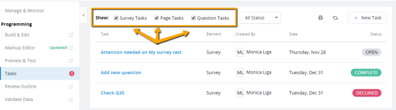 Filtering the Task List